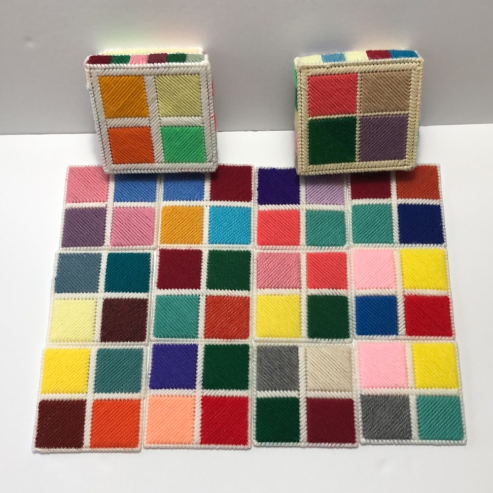 Vintage Set Of Hand Crafted Plastic Canvas Needlecraft Coasters With Storage Box